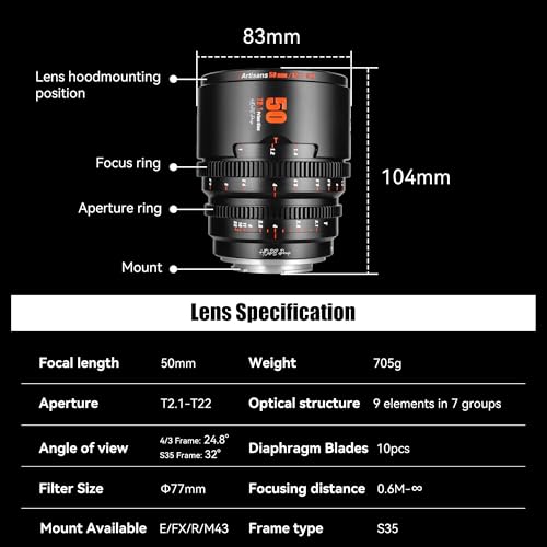 7Artisans 50T21EB-FBA 50Mm T2.1 Hope Series Professional Cine Lens S35 Frame Mirrorless Cameras Lens Compatible thumb #6