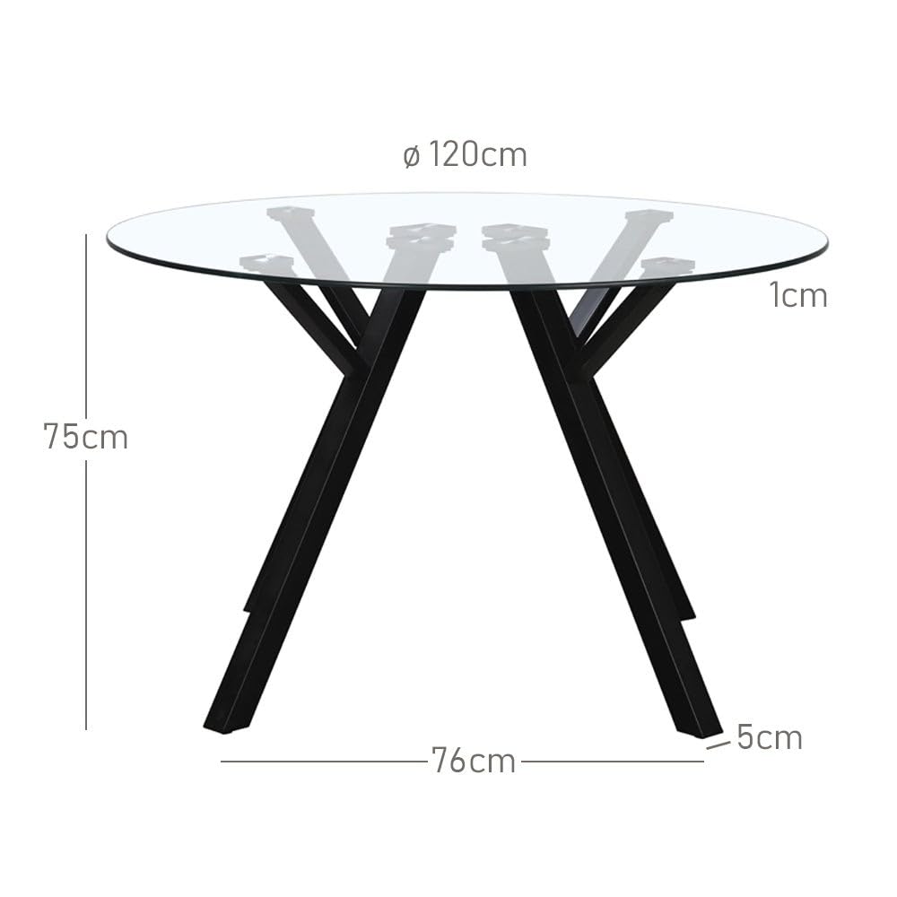 LOLAhome Mesa de Comedor Redonda Elsa para 6 Personas de 120 cm. Estructura Resistente de Metal Negro y Tablero de Cristal Templado. Diseño Ligero y contemporáneo.