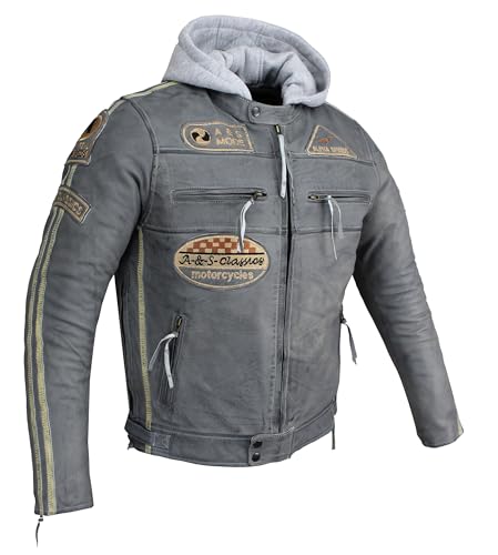 EURO STARS Herren Motorrad Lederjacek Biker Jacke mit Kapuze und Protektoren Custom Leder Jacke Bike Leatherjacket (DE/NL/SE/PL, Alphanumerisch, L, Regular, Regular, Grau)