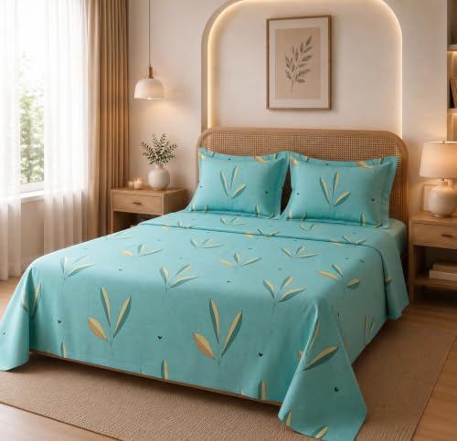 Image of HOMEKART Glace Cotton 160 TC Leaf Printed Double Bedsheet with 2 King Size Pillow Covers | Soft & Durable | 86 x 88Inches (Green)