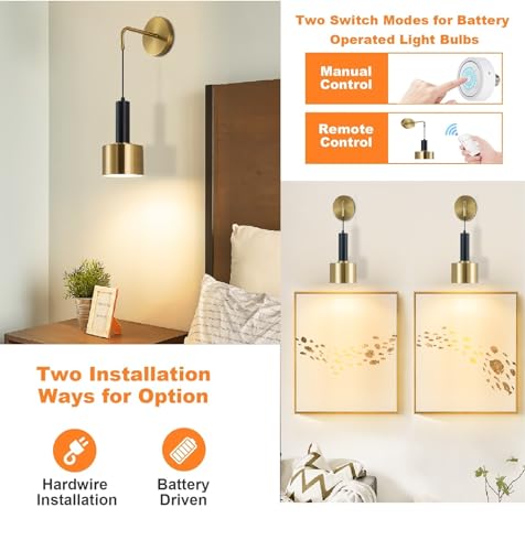 Omgomne Battery Operated Wall Sconces Set of 2, Matte Black and Gold Hardwired or Wireless Wall Lighting with Remote, Adjustable Cord Hanging Sconce Light Fixture for Bedroom Living Room, E26 Base — view 2