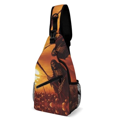 Grim Reaper Skeletons Sunset Crossbody Sling Backpack Casual Chest Bag Fanny Pack for Women Men Travel Hiking