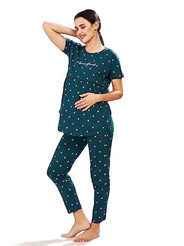 Image of Pastel Clip Women Cotton Star Printed Relaxed Maternity Night Suits for Women Feeding 7002-7003