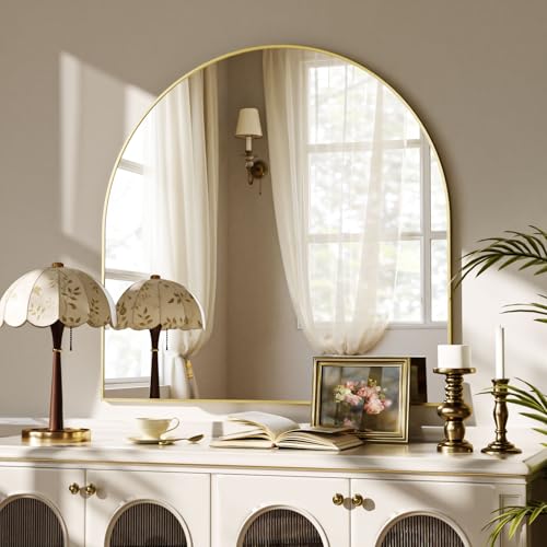 Image of VooBang Wide Arched Wall Mirror, 31 x 32 inch Arch Bathroom Mirror, Wall Mounted Vanity Mirror with Arch Metal Frame, Modern Bathroom Vanity Mirror for Bedroom, Living Room, Hanging or Leaning, Gold
