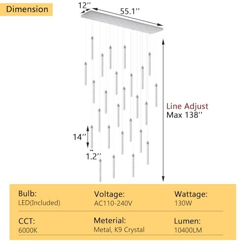 Image of Rectangular Chandeliers 26-Lights Long Light for Entryway LED Dimmable Chandeliers Lighting Fixture Flat Sloped High Ceiling Pendant Lights Crystal for Living Room Foyer Hallway Staircase Silver