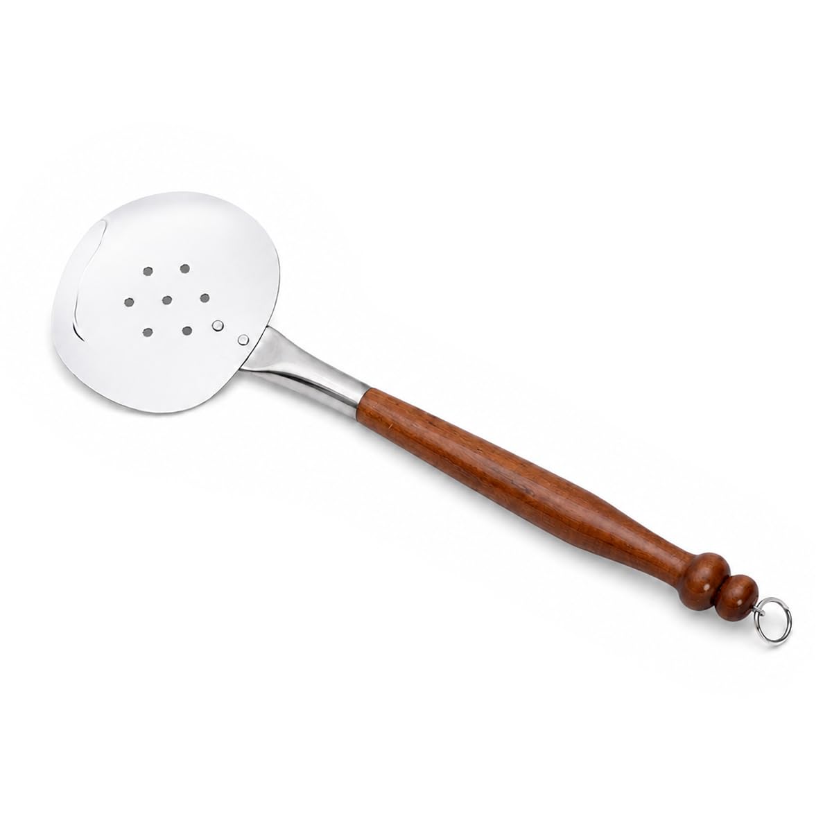 Espumadera para Cocina al Aire Libre - Hecha a Mano en Acero Inoxidable con Mango de Madera, para Platos de Kazan y Wok, 46,5 cm con Anilla Colgante