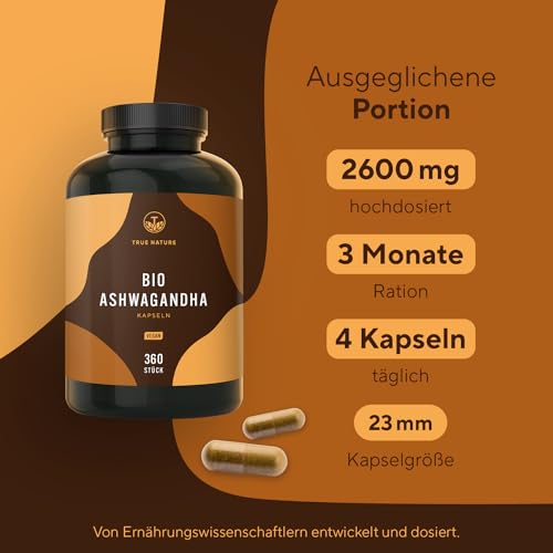 Bio Ashwagandha - 360 Kapseln (BIG PACK) - Hochdosierte 2600mg pro Tag (90 Tage) - 650mg pro Kapsel - indische Bio Schlafbeere - Vegan, Laborgeprüft, Deutsche Produktion - TRUE NATURE