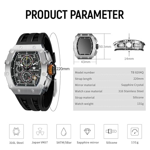 Image of TSAR BOMBA Mens Luxury Watch Watches for Men 50M Waterproof Japanese Quartz Movement Tonneau Stainless Steel Case Sapphire Glass with Chronograph Date Function Cool Unique Fashion Gift