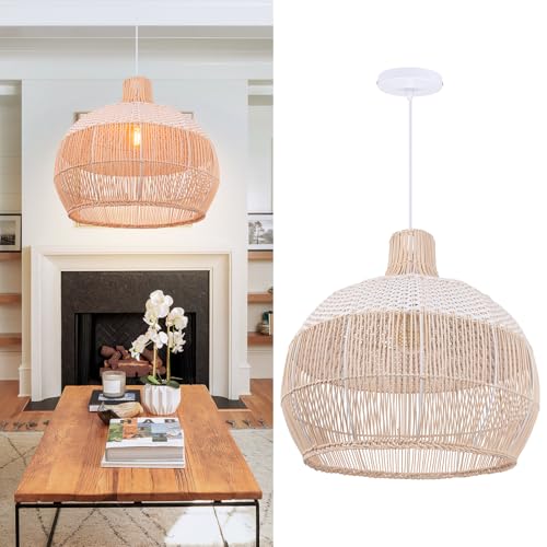 Arturesthome White Handwoven Rattan Boho Pendant Lighting Fixtures, Wicker Hanging Ceiling Light Chandelier, Handmade Woven Basket Lampshade for Kitchen Island