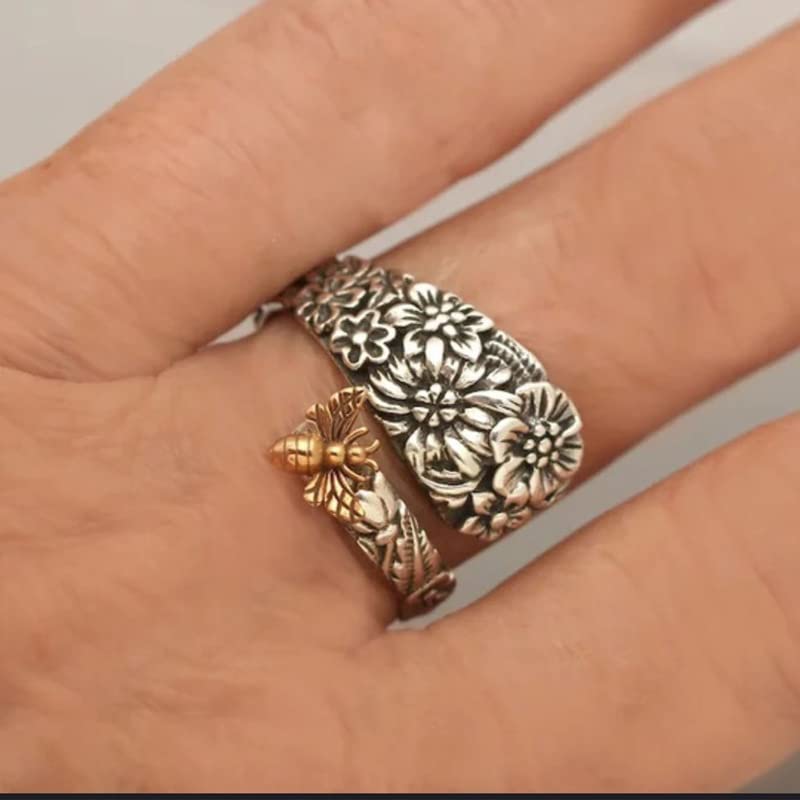 925 Sterling Silver Garden Flower Bee Ring Vintage Creative Bee Entangled Flower Cluster Bee Insect Cute Spoon Sunflower Sunflower Ring Jewelry-Making-Patterns