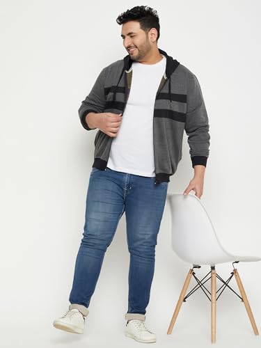 Image of AUSTIVO Men's Grey Full Sleeve Striper Hooded Plus Size Sweatshirt