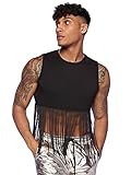 WDIRARA Men's Fringe Hem Round Neck Sleeveless Slim Fit Solid Tank Top Black M