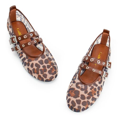 Image of Gothictor Women's Mesh Ballet Flats Round Toe Leopard Mary Jane Shoes Women | Cushioned Comfort, Easy to Style, Buckle Strap, Cheetah Print, Ballerina, Breathable, Lightweight, Dressy Casual, Non-Slip