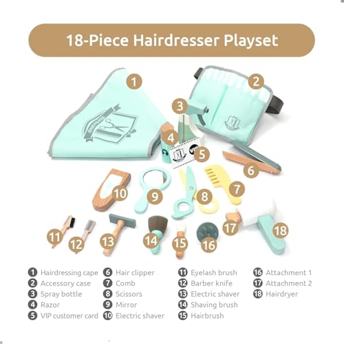 Image of Wudly Hair Dresser Playset for Kids, Wooden Makeup Toy & Hair Styling Toys for Girls, Kids Shaving Kit for Boys - Fun Barber Playset for Imaginative Role Play, Haircuts & Makeup Set