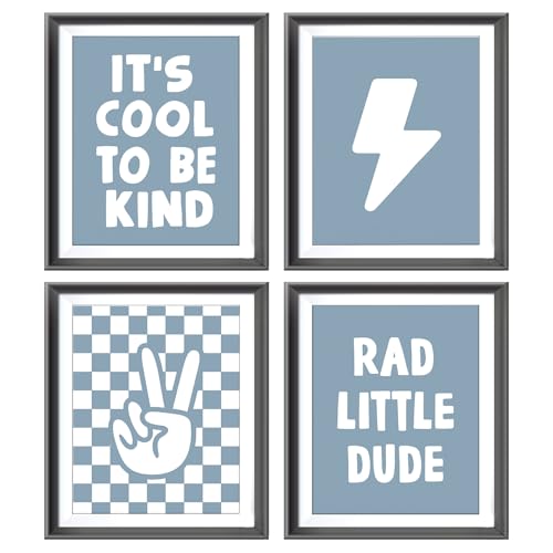 Image of Retro Black Checkered Preppy Lightning Peace Hand Sign Poster Prints for Boy Teen Room Dorm Decor,Rad Little Dude Funny Decorations Prints Wall Art Unframed 4pcs 8x10inches,Teen Boys Gifts(light blue)