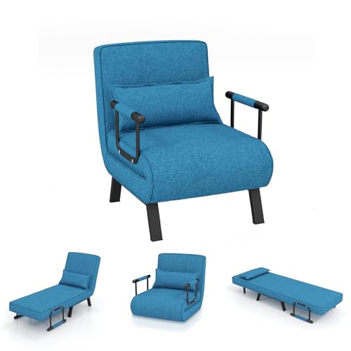 COSTWAY Sofá Cama Convertible, Silla de Dormir Individual Tri-Fold con Respaldo Ajustable de 6 Posiciones, Cojín Desmontable y Asiento Tapizado, Estructura Metálica Plegable (Azul)