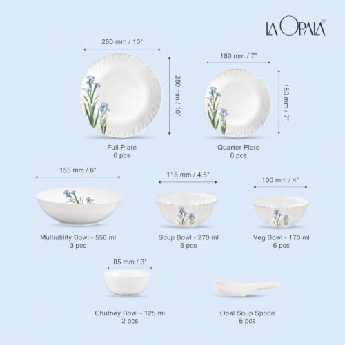 Image of La Opala Novo Opalware Dinner Set, 35 Pcs for Family of 6, Blue Florets