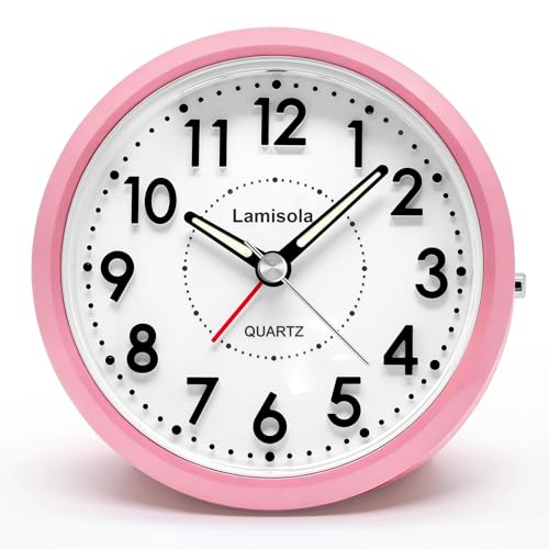 Image of Lamisola 4 Inch Alarm Clock for Bedrooms, Small Analog Desk Clock, Pink | Battery Operated Bedside Clock for Bedroom Bathroom Home Nightstand Shelf, Night Light Snooze, Minimalist Clocks for Seniors
