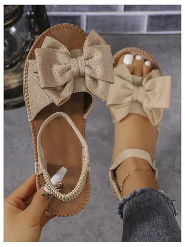 Image of GORGLITTER Women's Bow Flat Sandals 2026 Dressy Cute Ankle Strap Slides | Summer Shoes for Women 2026, Slip On Open Toe Flats, Slingback Slides, Vacation Dress Sandals