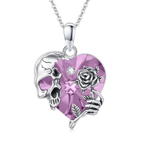 Rose Skull Hand Necklace S925 Sterling Silver Heart Crystal Birthstone Pendant Gothic Skeleton Necklace Skull Jewelry for Women