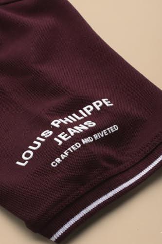 Image of Louis Philippe Men's Slim Fit Single-Tuck Pique Stylized Sleeve Print and Contrast Tipping Half Sleeve Solid Polo Tshirt
