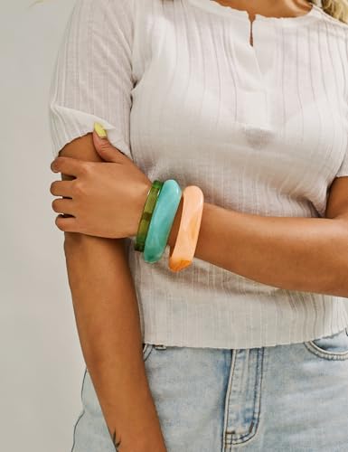 WOWORAMA 3pcs Colorful Resin Acrylic Bangle Bracelets Set for Women Wide Chunky Acrylic Bracelets Stackable Geometric Acetate Resin Bangles Stack Plastic Statement Bracelet