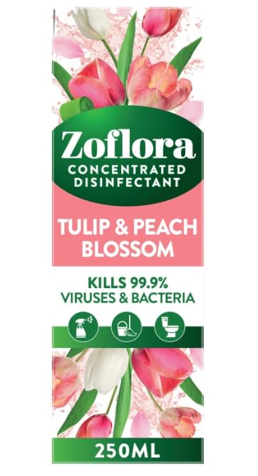 Zoflora Tulip & Peach Blossom Disinfectant, 250ml, 3-in-1 Multipurpose Cleaner, Kills 99.9% Bacteria & Viruses