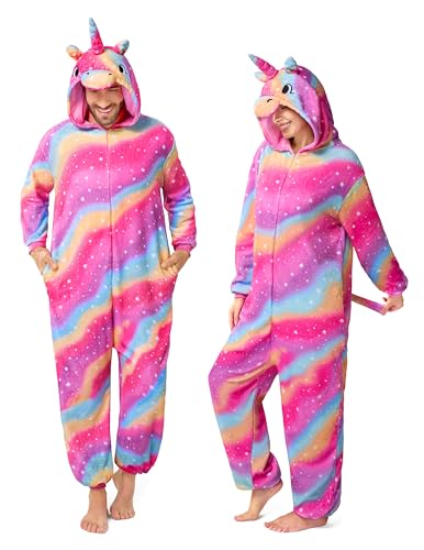 Spooktacular Creations Halloween-Pyjama mit Regenbogen-Einhorn, Unisex-Erwachsenen-Kostüm mit Regenbogen-Einhorn und Kapuze, Overall-Kostüm für...