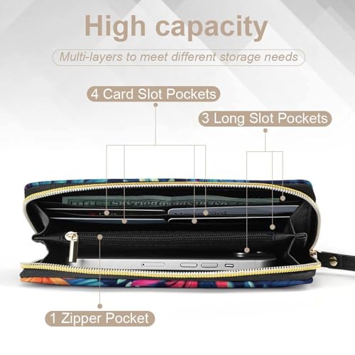 Travel Purse Fashion Design, Huge Storage Capacity Wallet With Rope, Cute Decor Purse, Long PU Zipper Wallet Hawaiian Colorful Hibiscus Flowers Tropical Palm Tree Leaves4