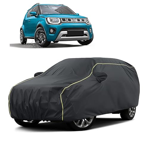 Image of Sulfar 100% Water Resistant Car Body Cover Compatible with Mirror for Maruti Suzuki Ignis (Triple Stitched, Full Bottom Elastic, Dark Grey Taffeta with Yellow Piping)