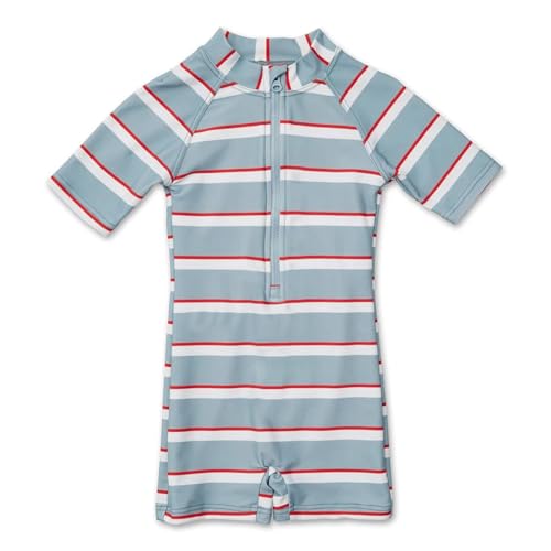 Image of Girls One Piece Swimsuit Zipper Long Sleeve Rash Guard Green Striped Sunsuit Seersucker Bathing Suit with Ruffle Butt