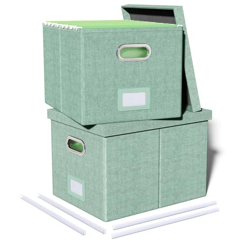 2 Pack File Storage Organizer, Filing Box, Portable File Box with Lid, Fit for Letter/Legal File Folder Storage, Document Organizer, Green