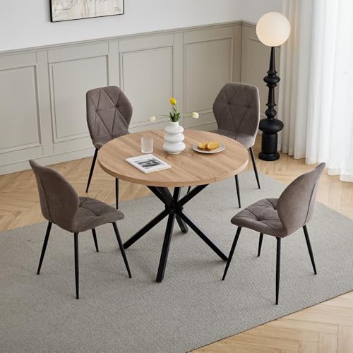 GrandCA HOME Ensemble Table et Chaises à Manger, Table à Manger Ronde de 100 cm et 4 Chaises en Lin Modernes, pour Salle à Manger, Cuisine, Salon (Claire +...