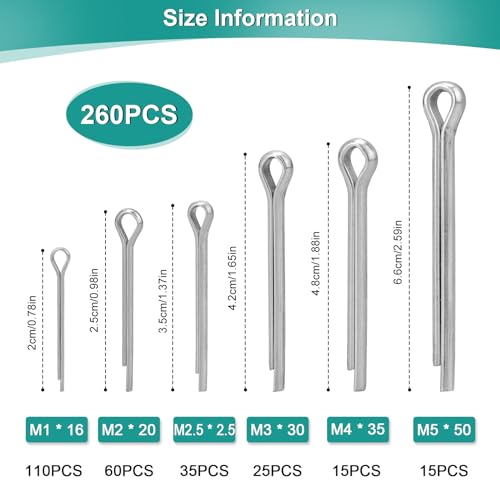 Kigniote 260 Stück Splinte Sortiment Splint Set Splinte Sortiment Edelstahl M1 M2 M2.5 M3 M4 M5 Sicherungssplinte Anhängerkupplung Splint Cotter Pins für Autos Wohnmobile Gartengeräte