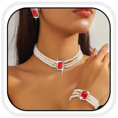 Atigy Perlenschmuckset mit Kristall Choker Halskette Brautarmband und Ohrringen für Damen (Rot)