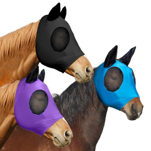 3 Pcs Mini Horse Fly Mask with Ears Protection, Breathable Elastic Fabric Horse Full Face Coverage Mask with Eyes Protection and UV Sunlight Protection for Small Size Mini Horses (3 PCS)
