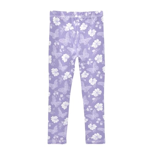 Girls' Athletic Leggings Ankle Length Yoga Dance Pants Kids Teen 4T White Flower Line Butterfly2
