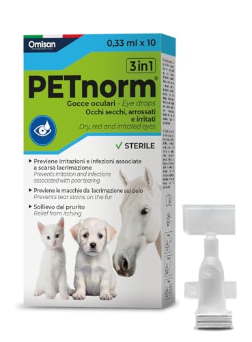 PETnorm Collirio Monodose 3in1 Delicato Naturale con Acido ialuronico - Lubrifica, Idrata, Dona Sollievo. Aiuta a Rimuovere Macchie da Lacrimazione. Cani,Gatti,Animali da Compagnia - 10x0,33 ml