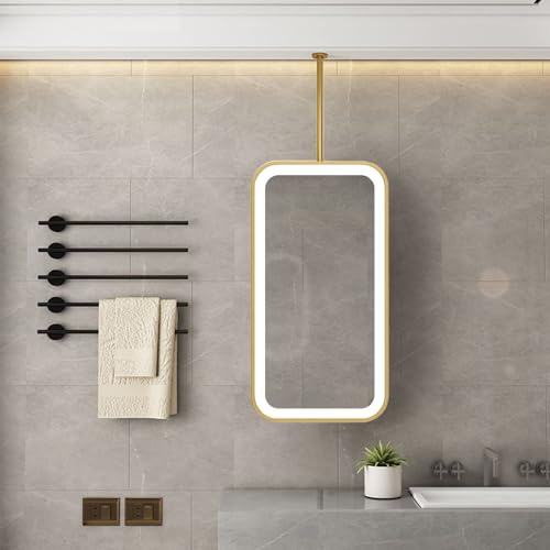 Espejo de baño LED para colgar en el techo, espejo de pared de esquina redondeada con marco de metal dorado, espejos decorativos grandes flotantes inteligentes para entrada granja(50cmx60cm)