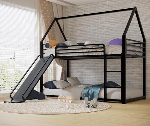 AEMSOFK Twin Over Twin Bunk Bed with Slide,House Shaped Bedframe w/Ladder, Heavy Duty Low Bunk Bed Frame with Guardrail,No Box Spring Needed & Easy Assemble(Black)