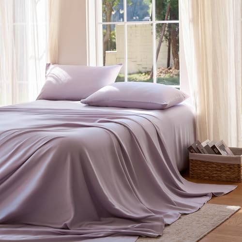 Image of DOZ Sheet Set, 100% Viscose derived from Bamboo, Organically Grown, Buttery Soft, Cooling Sheets, High GSM, Deep Pockets - 4 Piece - 2 Pillowcases 1 Fitted 1 Top Sheet (Lavender, King)