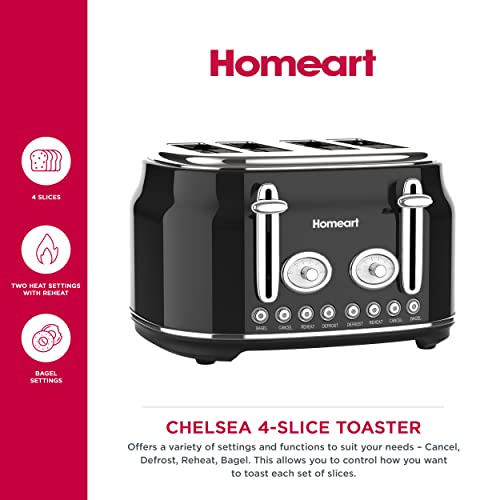 Homeart Chelsea 4-Slice Retro Toaster - Stainless Steel With Removable Crumb Tray, Adjustable Browning Control With Multiple Settings To Cancel, Defrost, Reheat And Bagel - 1500W, Black #TOP2