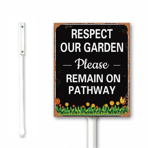 Letrero de metal vintage con estaca, texto en inglés "Respect Our Garden Please Remain On Pathway" de 12 x 15 cm, con estaca, Keep Out Private Garden, Do Not Enter, divertido letrero de metal