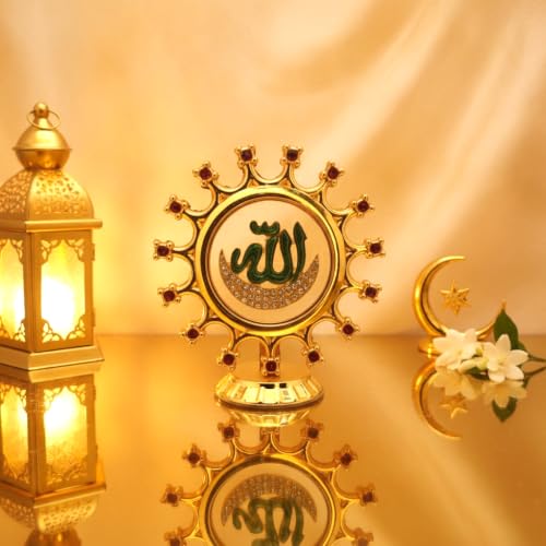 Image of Allah Calligraphy Idol Metal Gold Plated for Home, Prayer, Islamic Elegant Showpiece in Crystal Stones & Sunburst Design for Office, Car Dashboard & Gifts