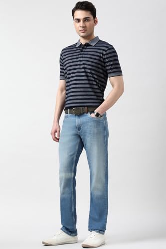 Image of Peter England Men's Cotton-Polyester Blend Striped Polo T-Shirt | Casual Wear | Durable & Trendy Regular Fit