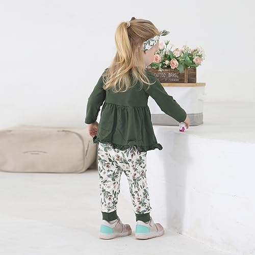 Image of Toddler Baby Girl Clothes Solid Color Long Sleeve Ruffle Tops Pants Headband Outfits Set