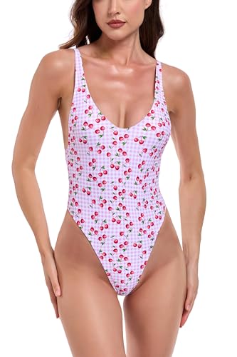 RELLECIGA bañador de una Pieza One-Piece String Thong Bikini High Cut Monokini Cherry L