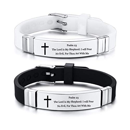 NineJewelry Psalm 23 Bible Verse Bracelets for Couple - 2Pcs Stainless Steel Silicone Scritpure Wristband Christian Cross Bible Bracelet Set Inspirational Jewelry for Husband,Wife,BF,GF,BFF
