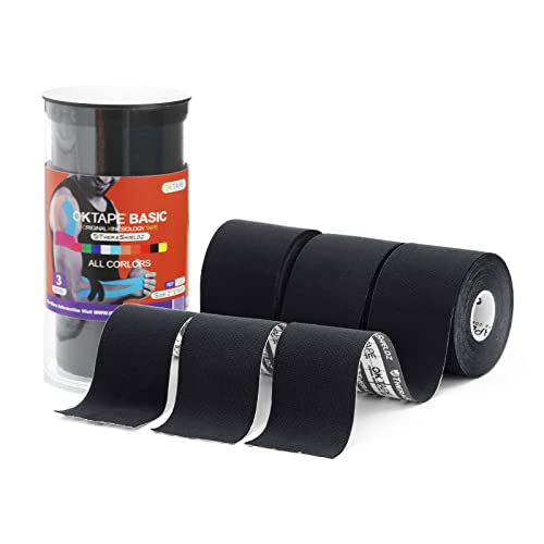 Ok Tape Basic Kinesiology Tape (3 Pack), Original Cotton Athletic Tape For Support Muscle Joint Knee, Sports Waterproof Tape Uncut Strips Latex Free, Hypoallergenic, Pain Relief, 2In×16.4Ft - Black #TOP14