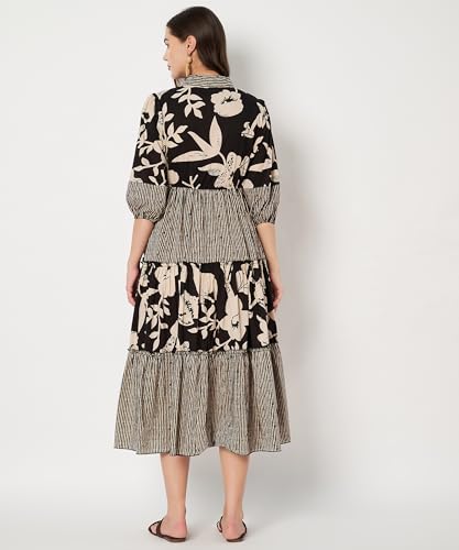 Image of PIDAVLIYA'S Women's Floral Summer Maxi Dress I Cotton Printed I One Piece Bodycon Midi Dress with V-Neck, Puffed Sleeves